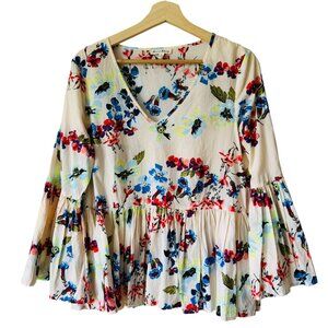 Anthro Jane & Delancey Blush Floral Top Peplum Bell Sleeve Lightweight Floaty Md